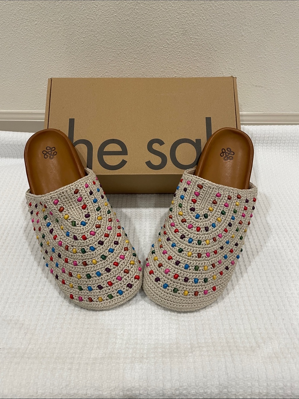 The Sak Crochet Beaded Slip-On Mules in Natural with Multicolor Beads